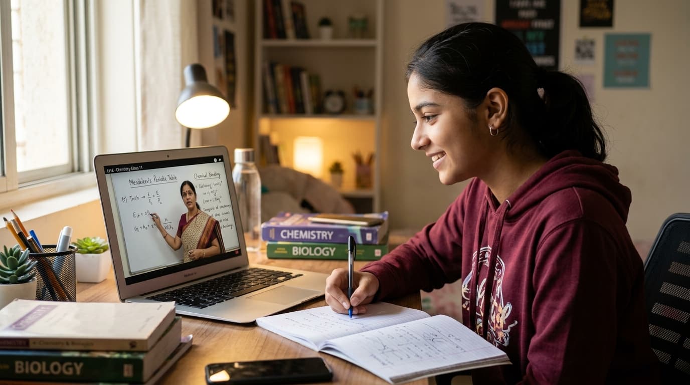 Ananya Sharma attending distraction-free live class on laptop with single teacher stream and zero other students