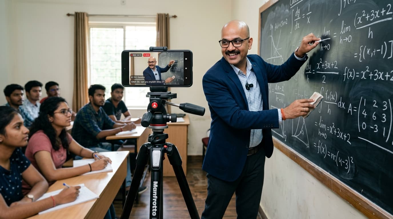 Indian educator with clean-shaven head teaching mathematics on chalkboard with camera directly in front of the board