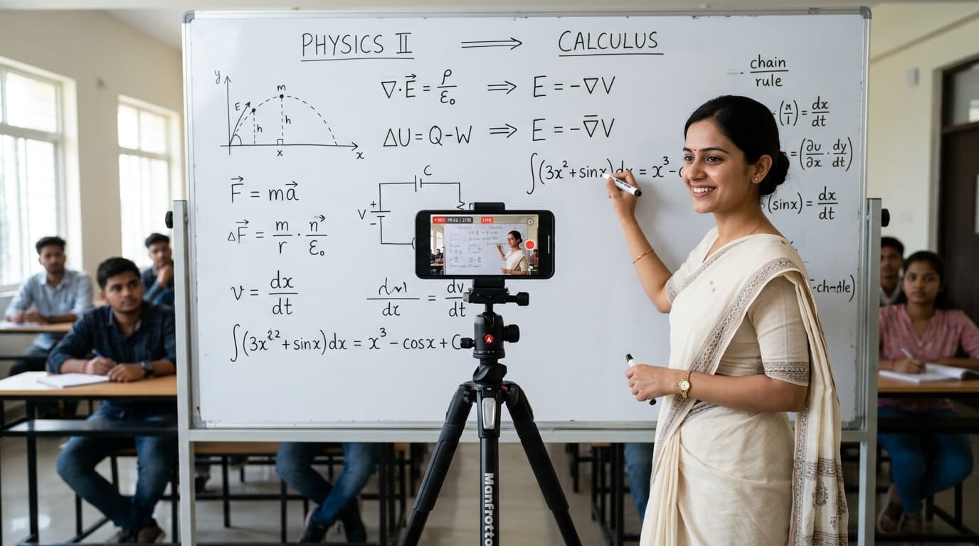 Indian female educator in white dress teaching physics on physical whiteboard with camera centered directly in front of board