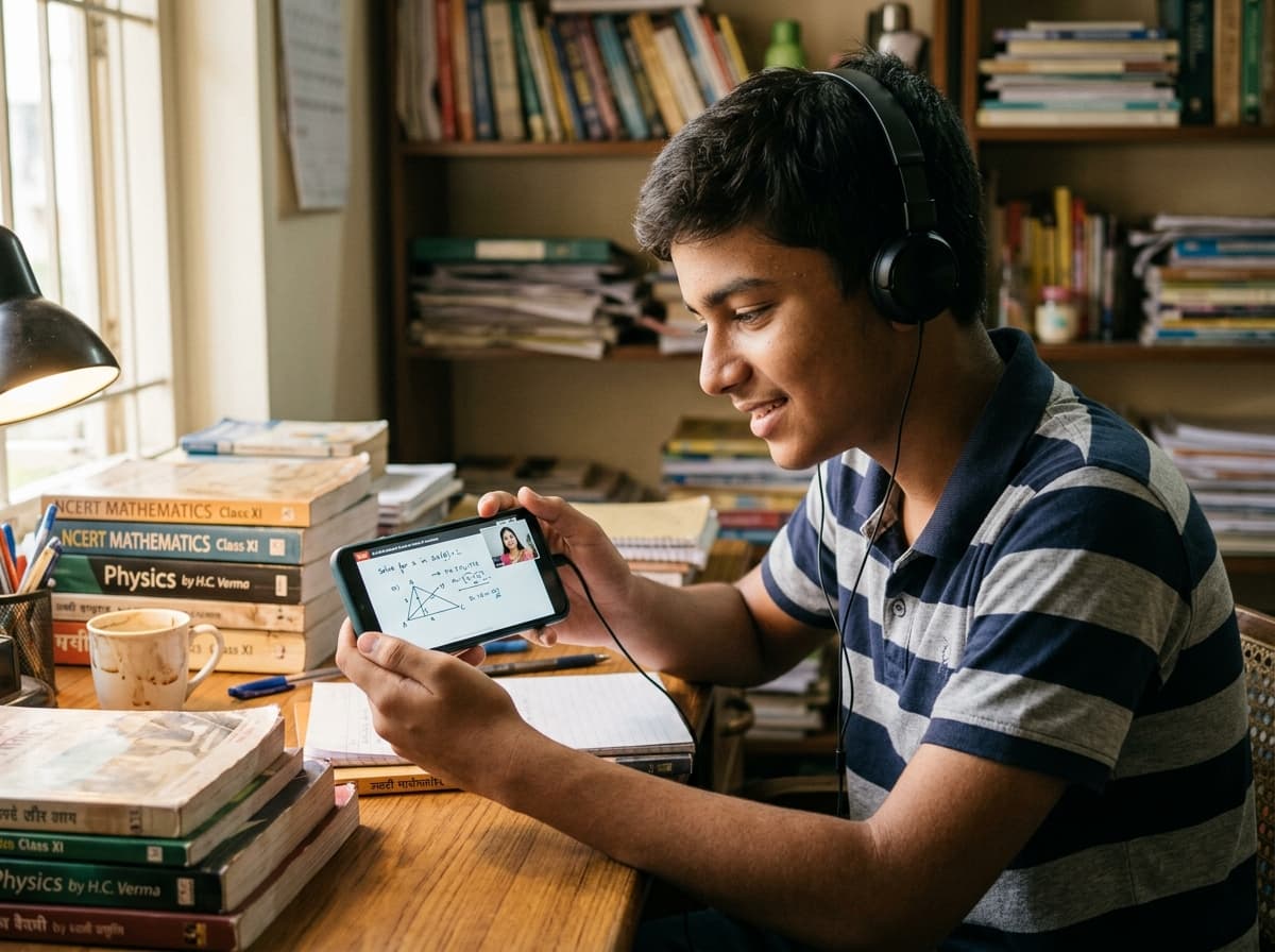 Indian student boy holding smartphone in landscape orientation watching focused teacher board stream